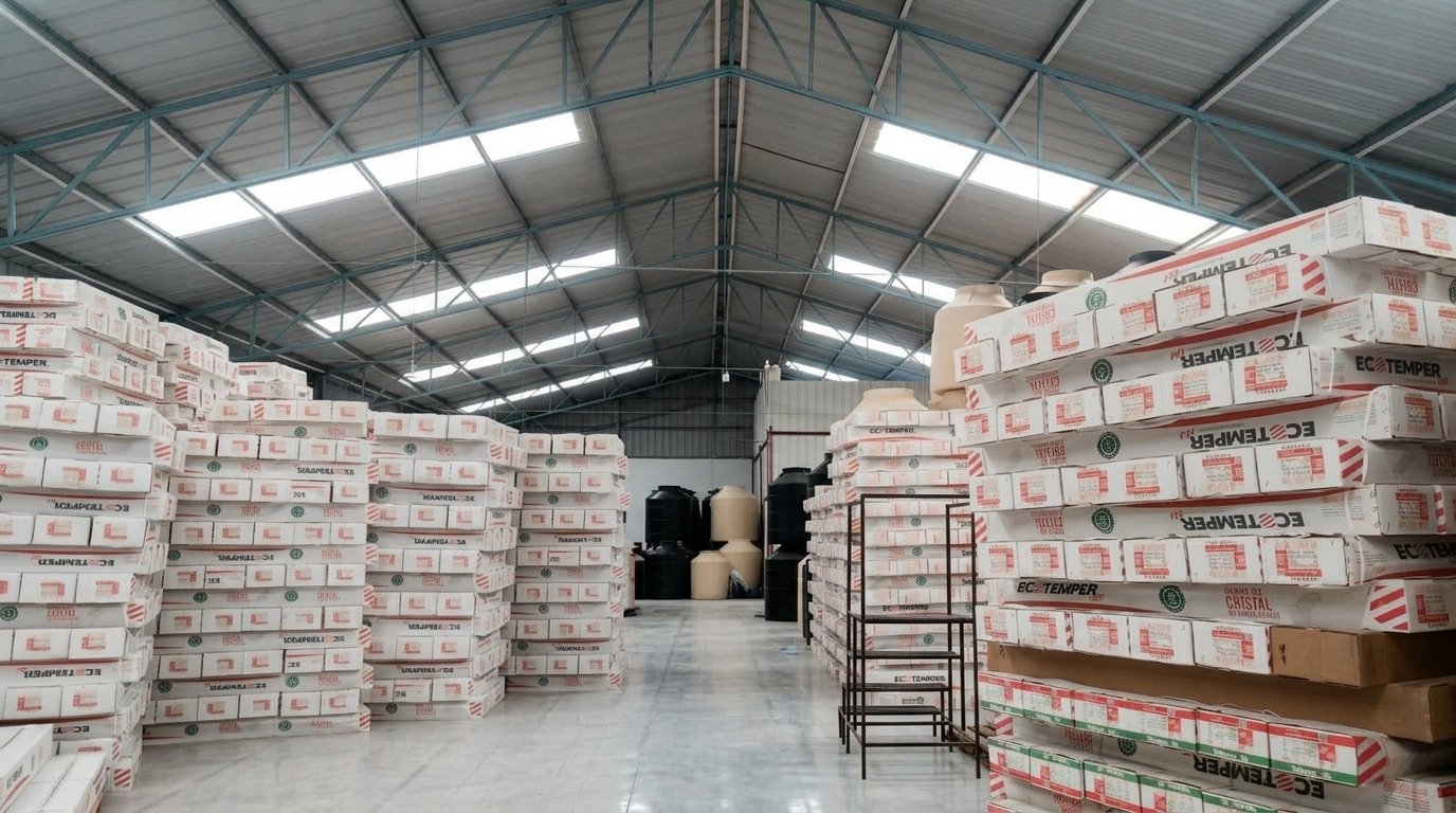 Pasillo profundo de la bodega con inventario Ecotemper apilado hasta el techo.