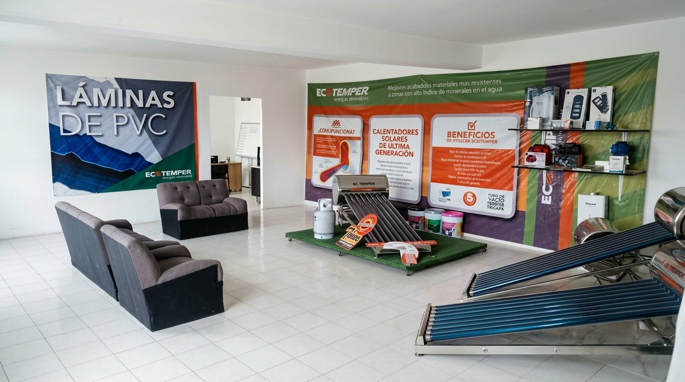 Sala de exhibición de SOLCAE con muestras de producto Ecotemper.